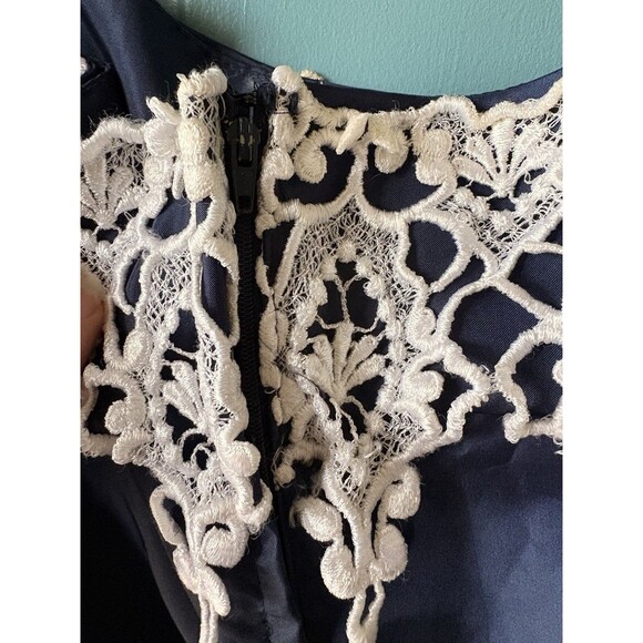 VTG'80 ILGWU Prom Formal Navy Blue Satin Lace Dress /Puffs Sleeves /Bows Size 40 - Picture 12 of 16